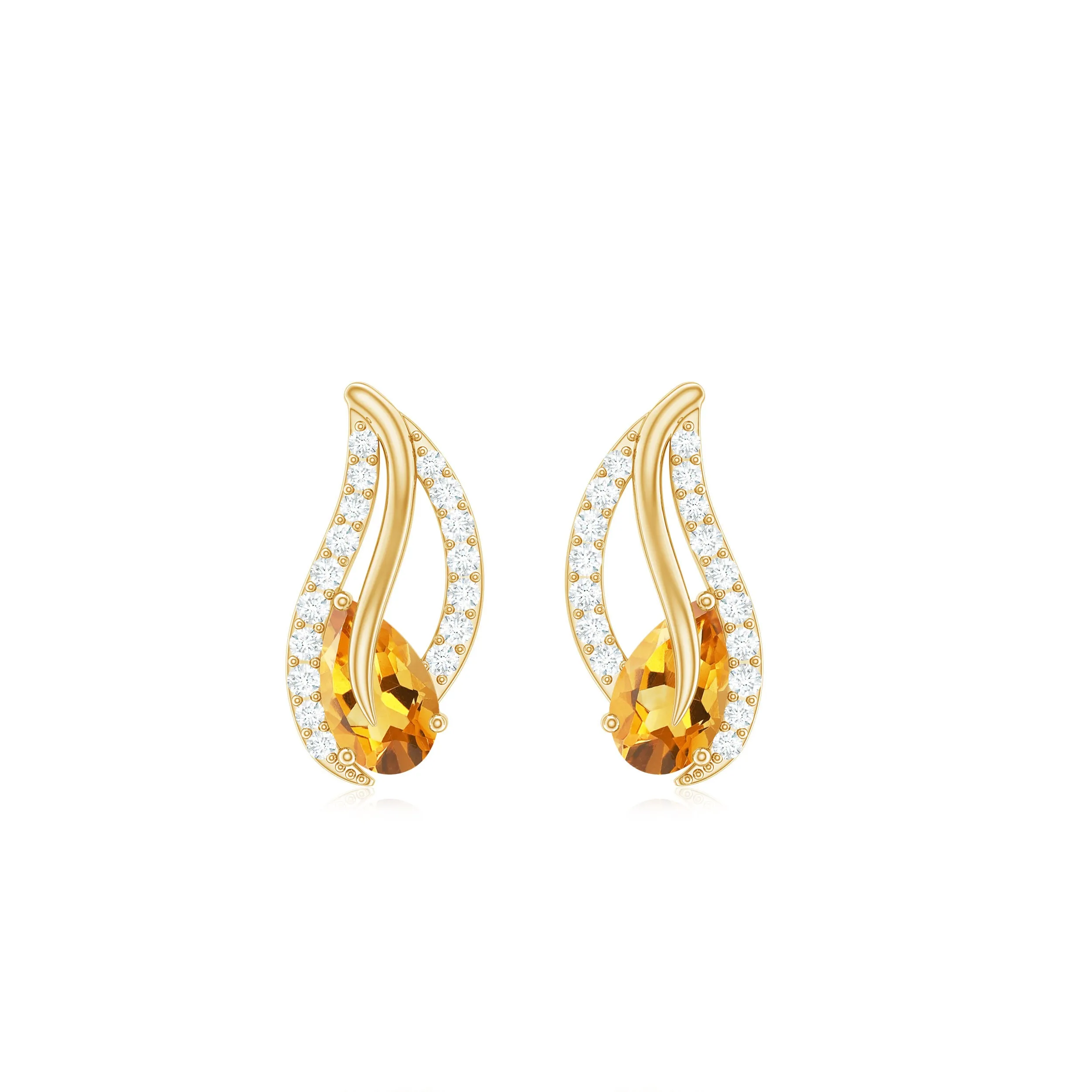 1/2 CT Pear Shape Citrine and Diamond Leaf Stud Earrings