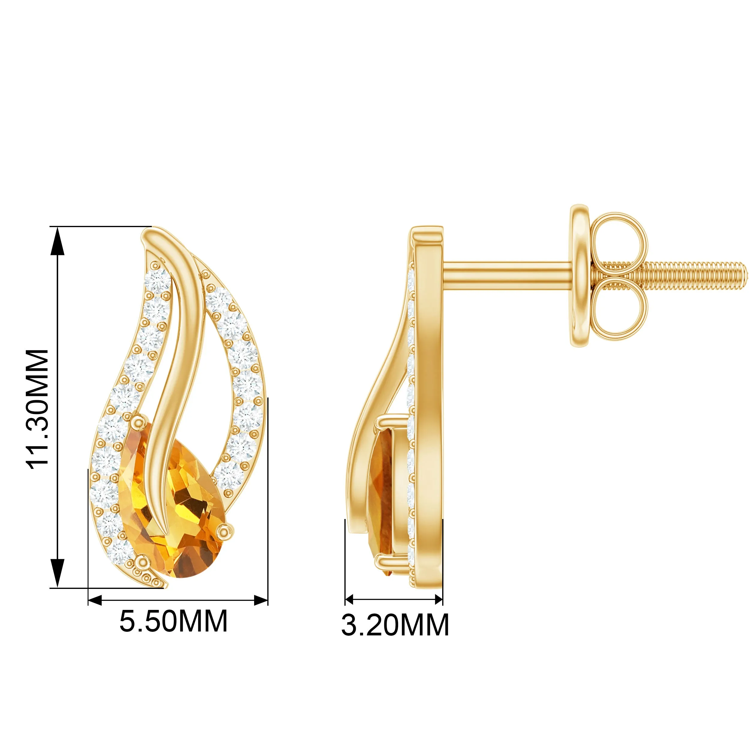1/2 CT Pear Shape Citrine and Diamond Leaf Stud Earrings