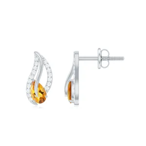 1/2 CT Pear Shape Citrine and Diamond Leaf Stud Earrings