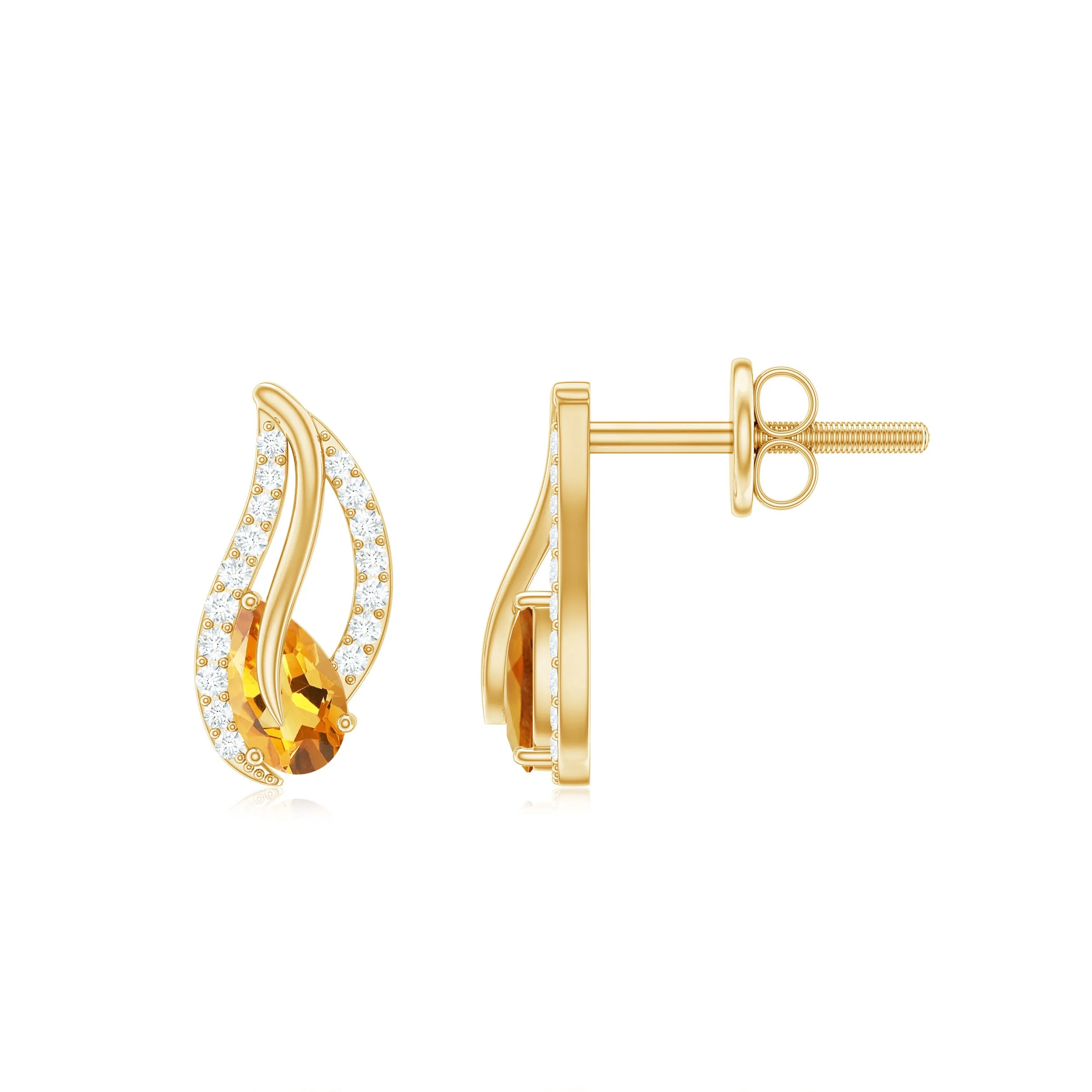 1/2 CT Pear Shape Citrine and Diamond Leaf Stud Earrings
