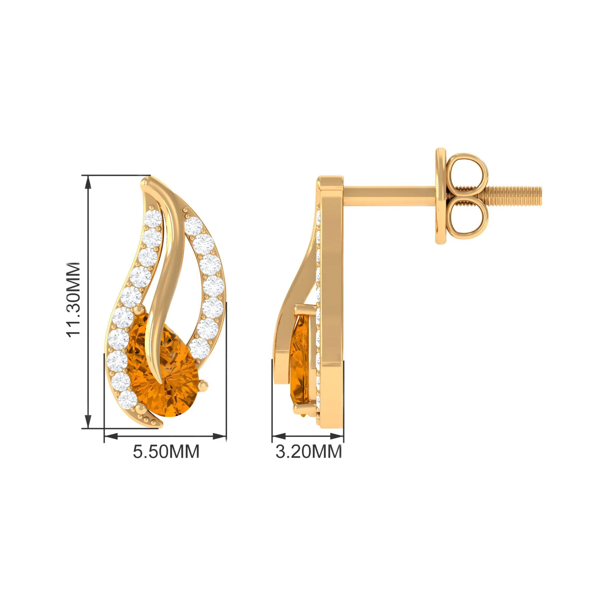 1/2 CT Pear Shape Citrine and Diamond Leaf Stud Earrings