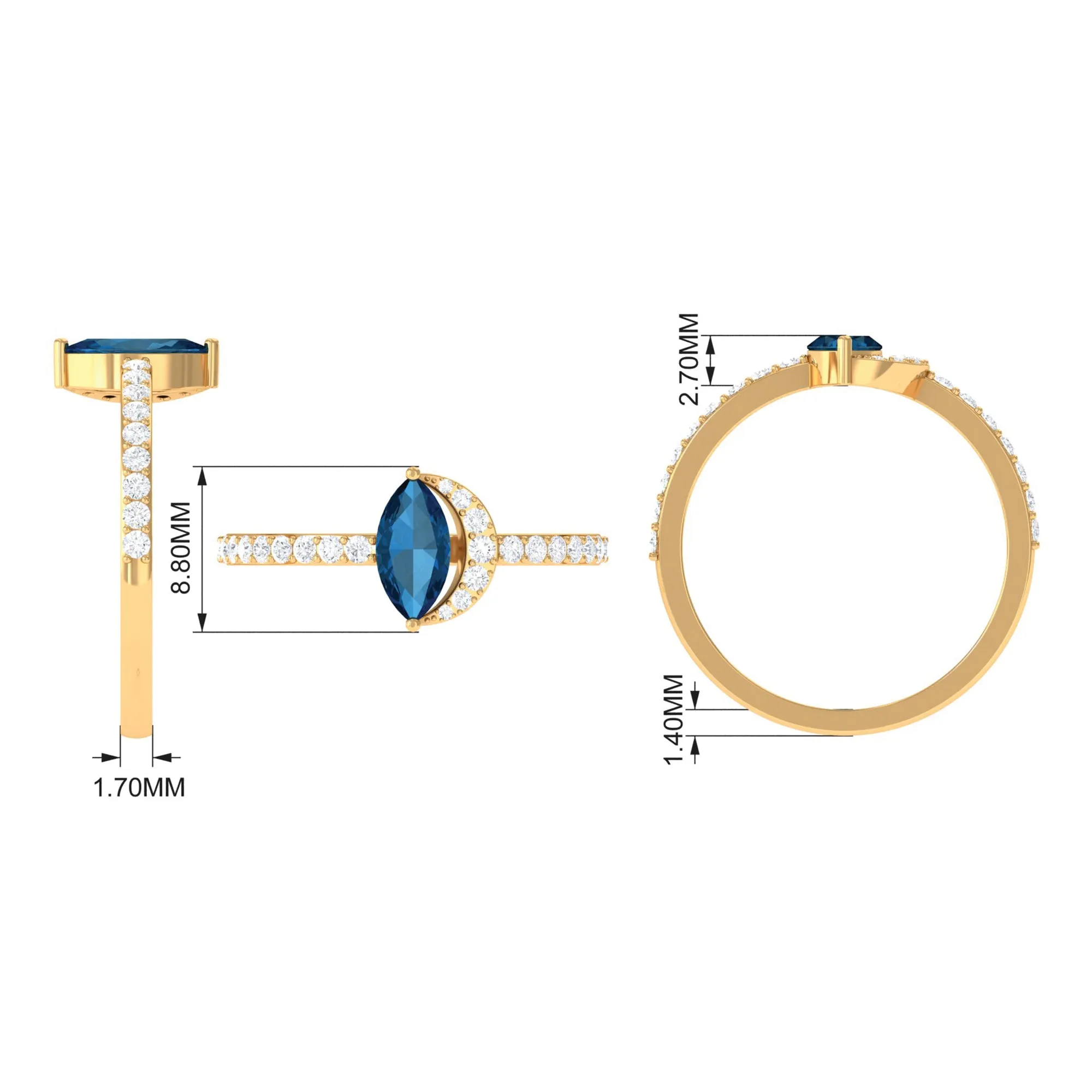 1.25 CT Marquise London Blue Topaz Minimal Ring with Diamond