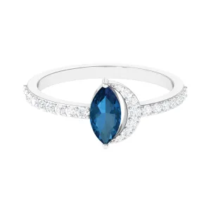 1.25 CT Marquise London Blue Topaz Minimal Ring with Diamond