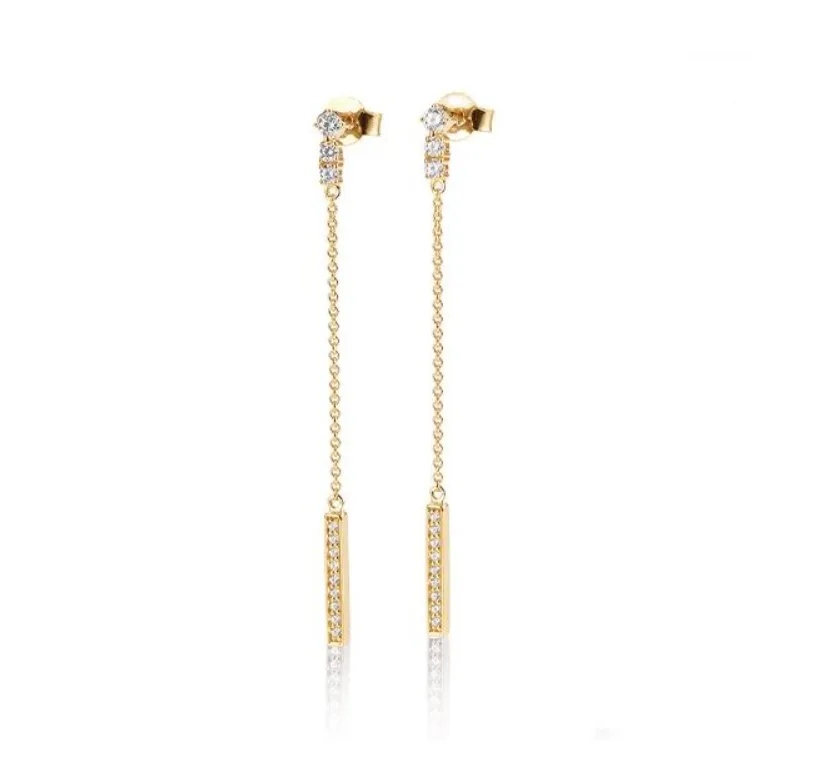 14k Gold Diamond Bar Chain Dangle Earrings
