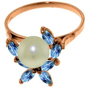 14K Solid Rose Gold Ring w/ Natural Blue Topaz & Pearl