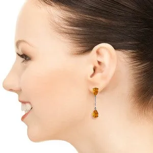 14K Solid White Gold Diamonds & Citrines Dangling Earrings