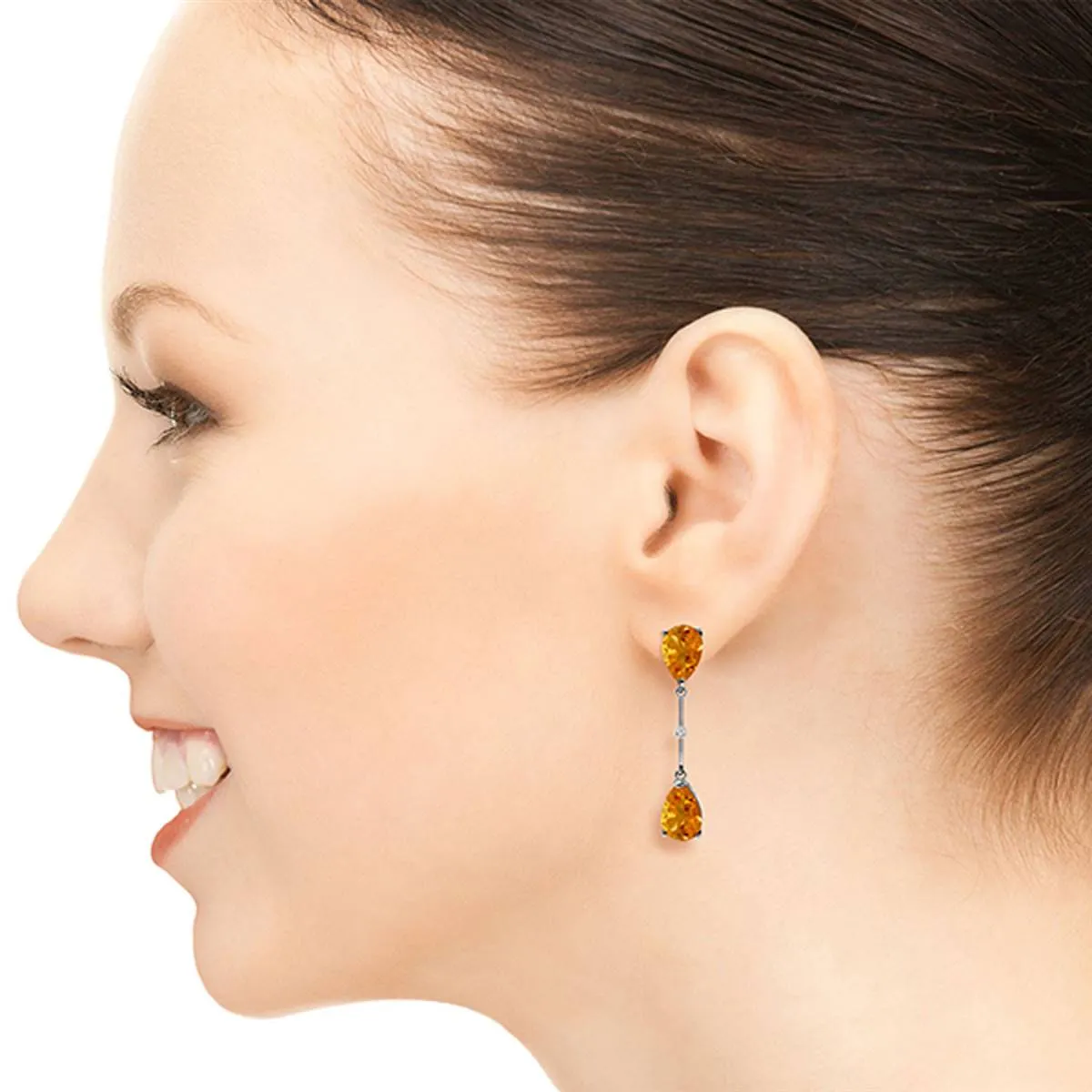 14K Solid White Gold Diamonds & Citrines Dangling Earrings