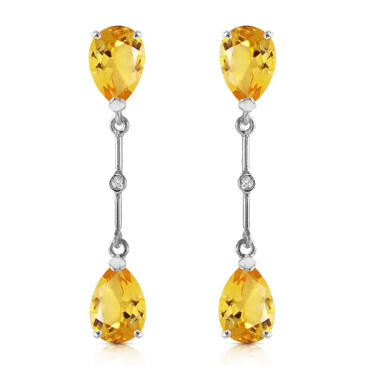 14K Solid White Gold Diamonds & Citrines Dangling Earrings