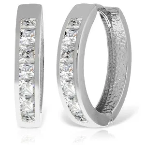 14K Solid White Gold Hoop Huggie Earrings w/ White Topaz
