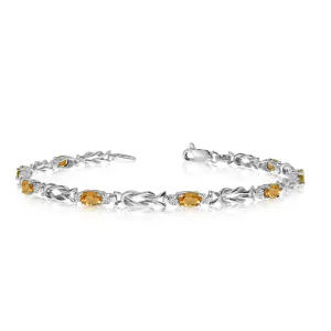 14K White Gold Oval Citrine Stones And Diamonds Tennis Bracelet, 7"