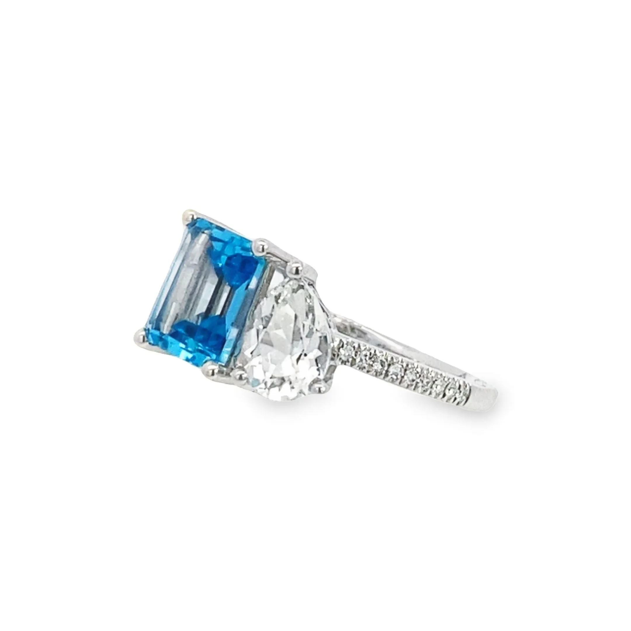 14K White Gold Two-Stone Blue and White Topaz Diamond Ring