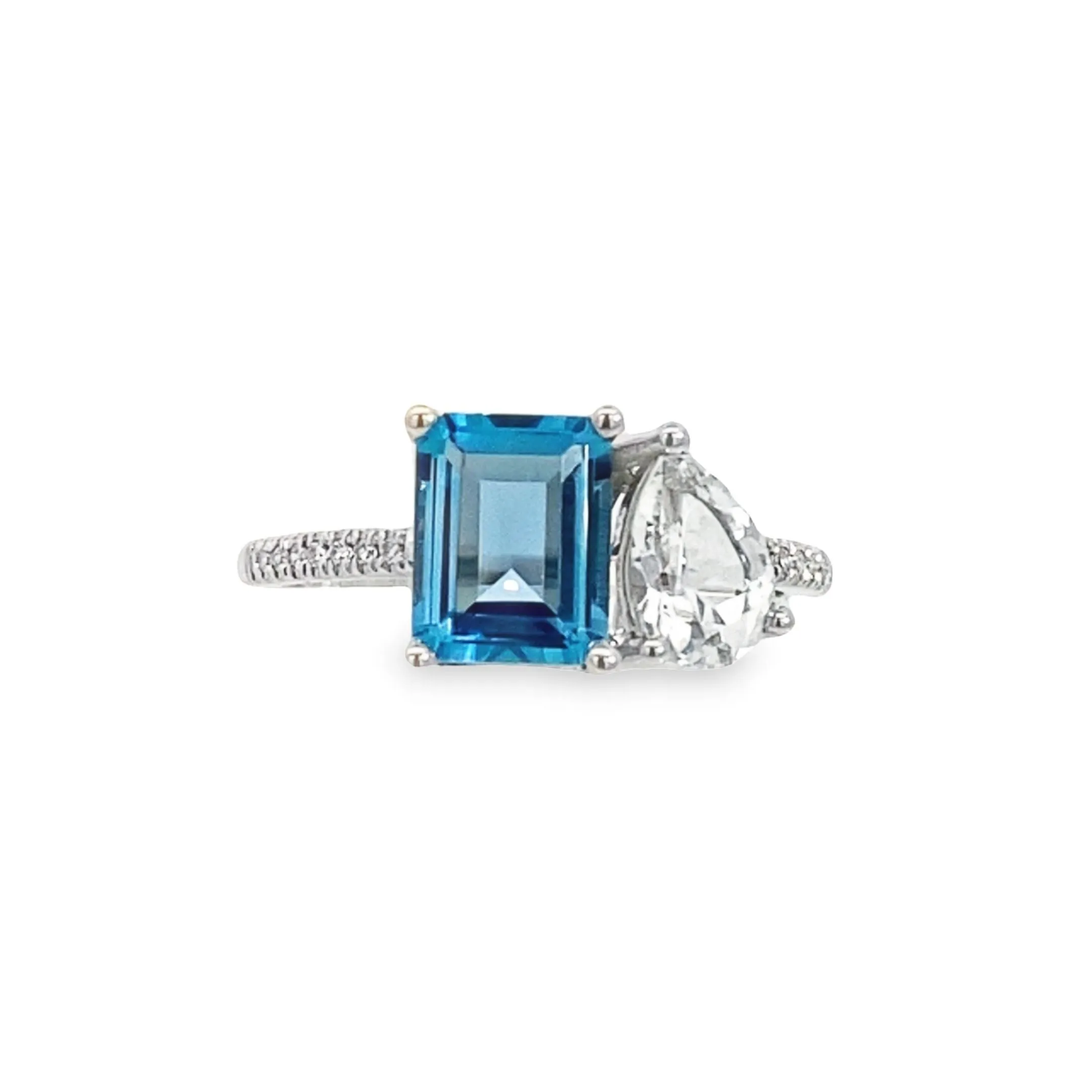 14K White Gold Two-Stone Blue and White Topaz Diamond Ring