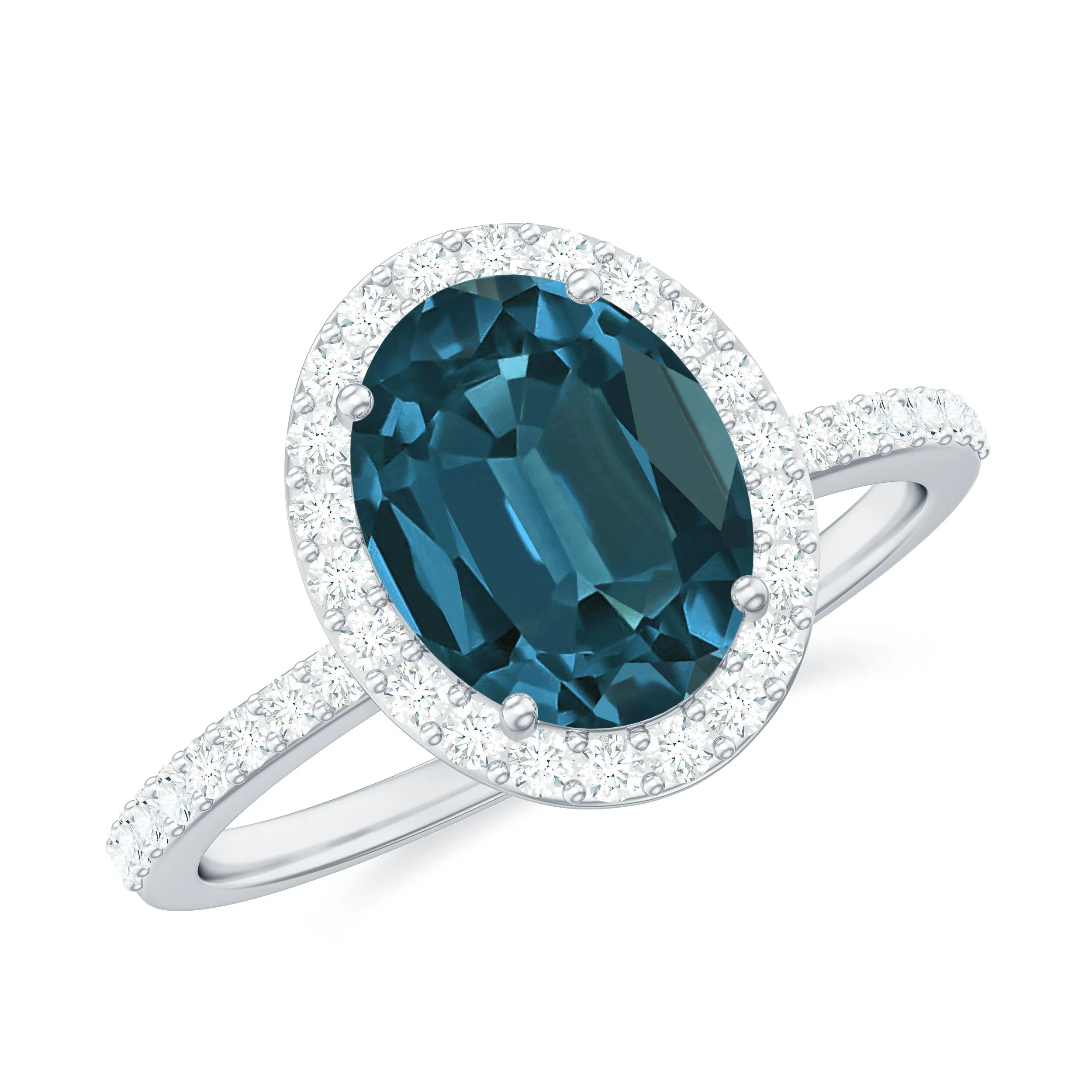 1.75 CT Classic Oval Cut London Blue Topaz Ring with Diamond Halo