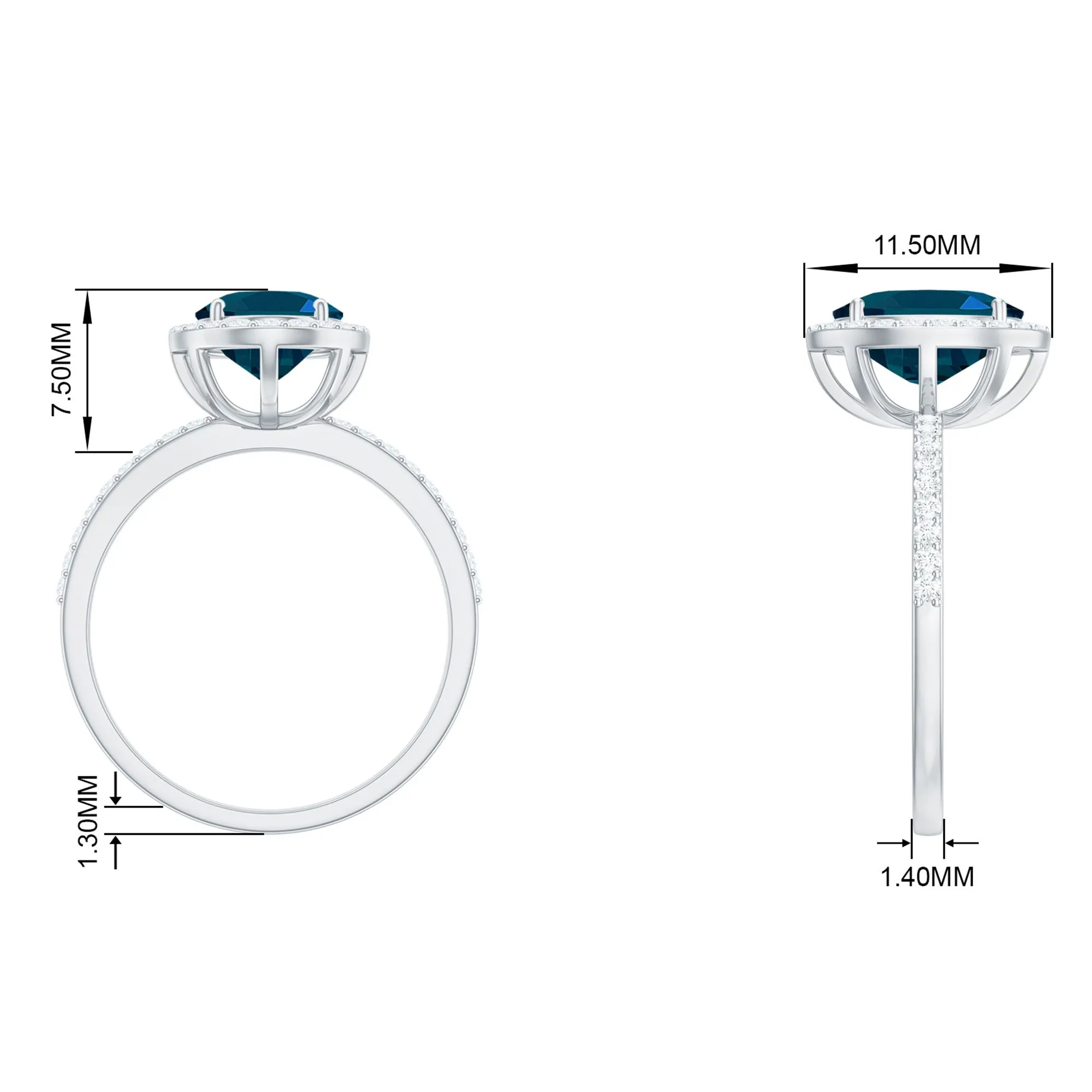 1.75 CT Classic Oval Cut London Blue Topaz Ring with Diamond Halo