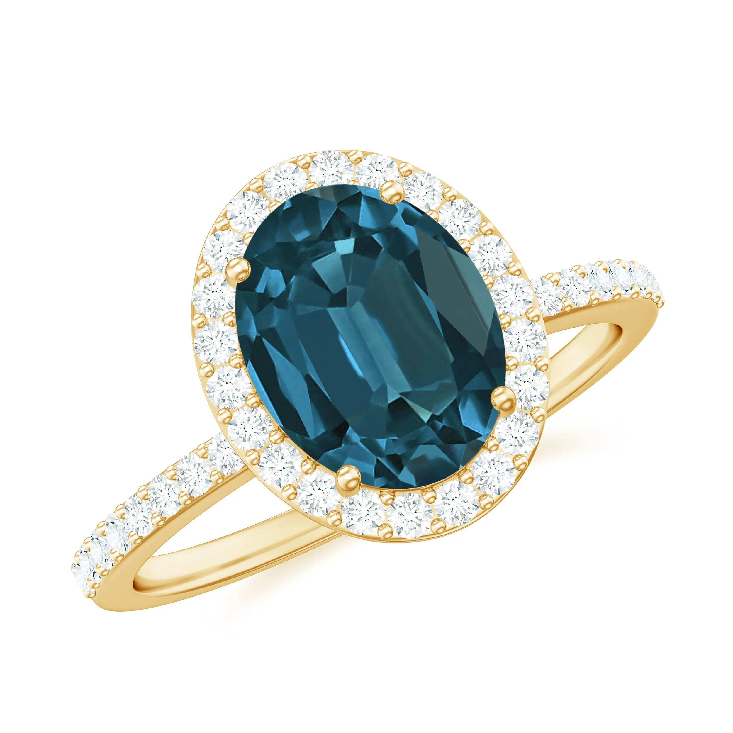1.75 CT Classic Oval Cut London Blue Topaz Ring with Diamond Halo