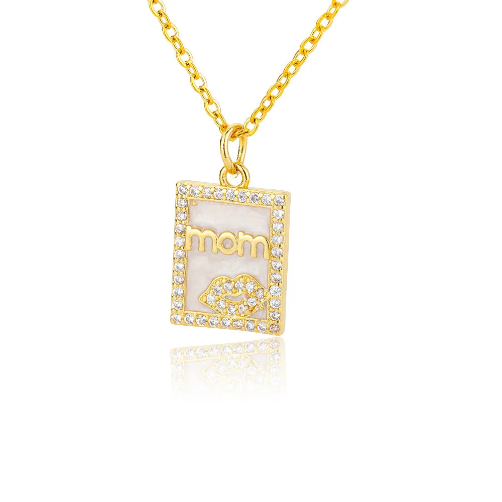 18k Copper Zircon Mom Square Pendant Necklace