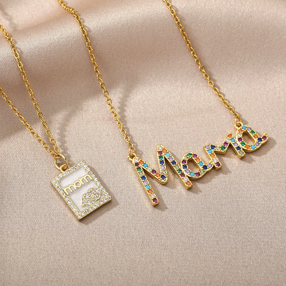 18k Copper Zircon Mom Square Pendant Necklace