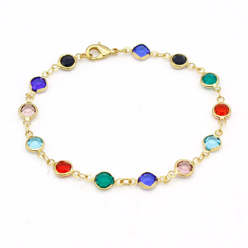18K Gold Filled High Polish Finsh Gold and Multi Color Crystal Round Ankle Bracelet 10 JJA01