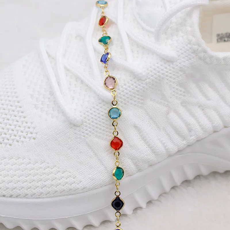 18K Gold Filled High Polish Finsh Gold and Multi Color Crystal Round Ankle Bracelet 10 JJA01