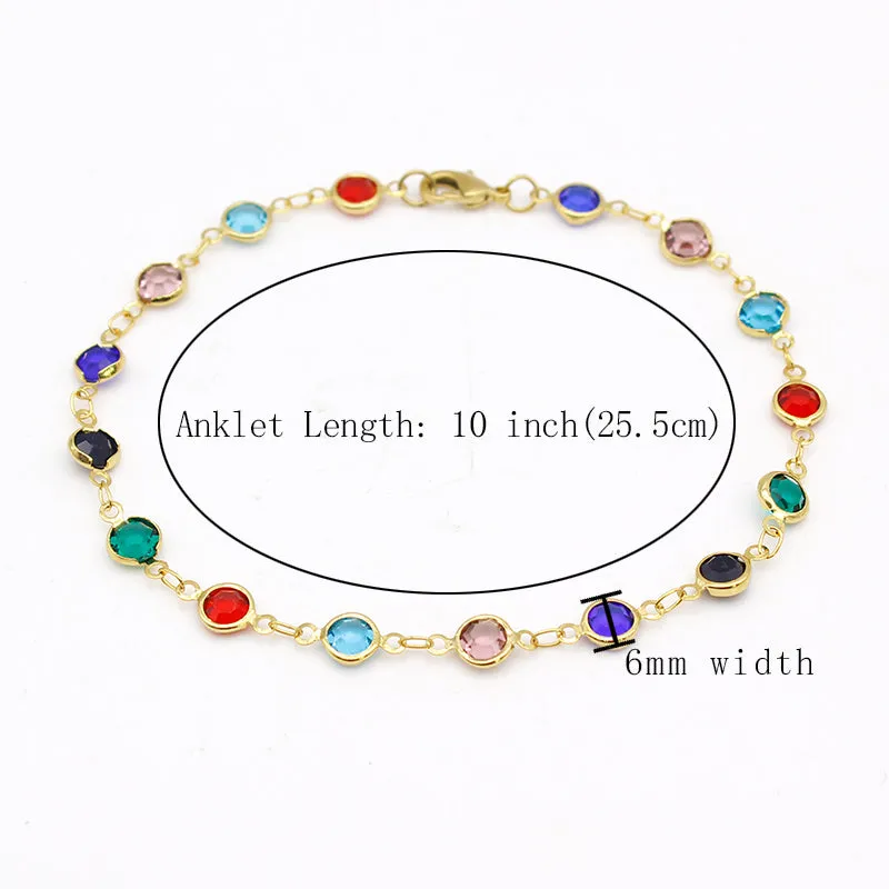 18K Gold Filled High Polish Finsh Gold and Multi Color Crystal Round Ankle Bracelet 10 JJA01
