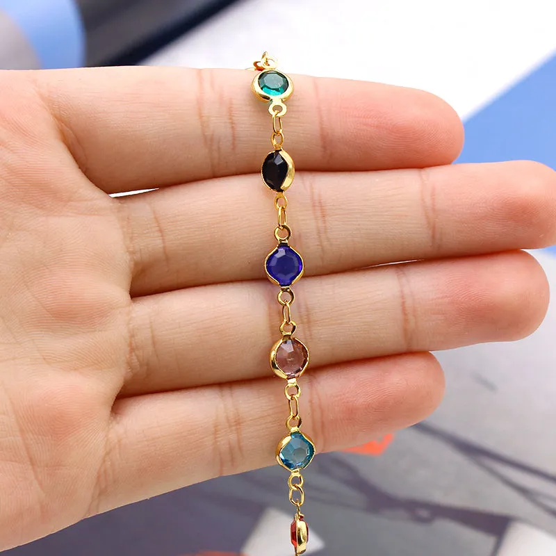 18K Gold Filled High Polish Finsh Gold and Multi Color Crystal Round Ankle Bracelet 10 JJA01