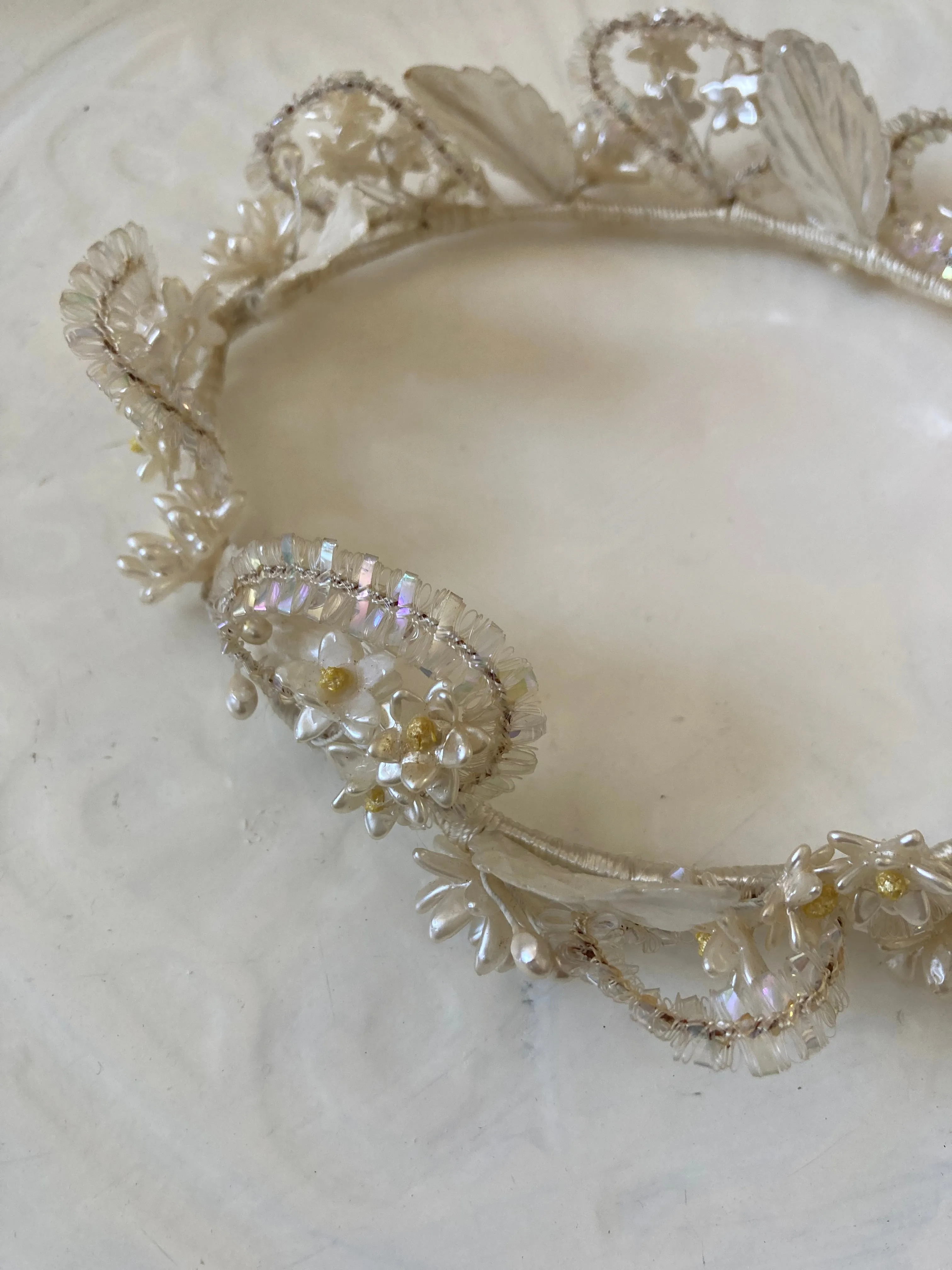 1940s Ornate Tiara with Pearlised Wax Flowers and Sequin Detail