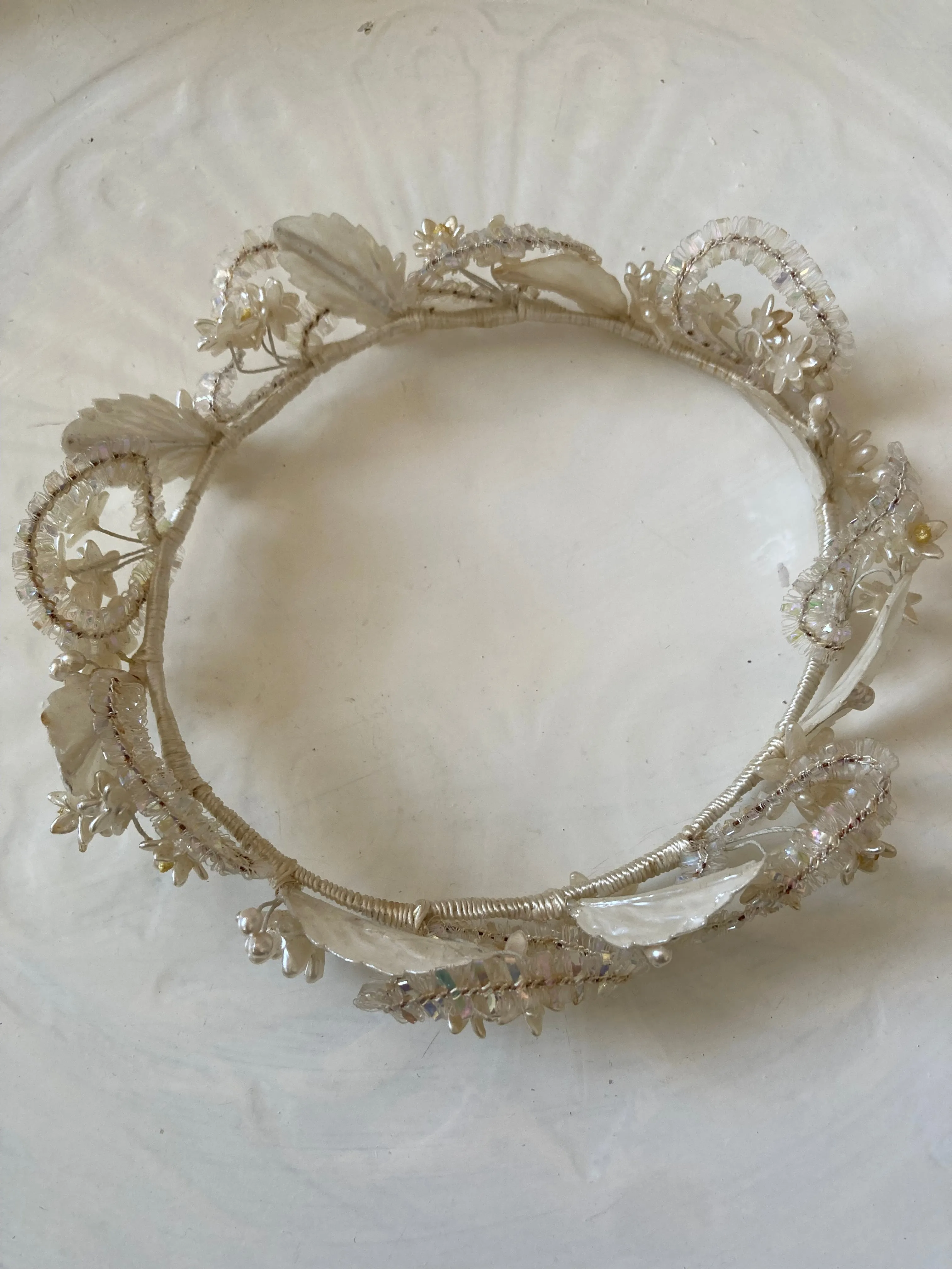 1940s Ornate Tiara with Pearlised Wax Flowers and Sequin Detail
