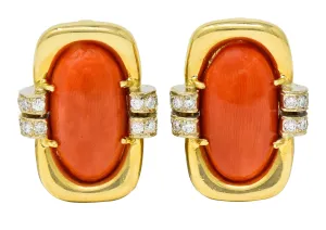 1960's Vintage Coral Diamond 18 Karat Gold Ear-Clip Earrings