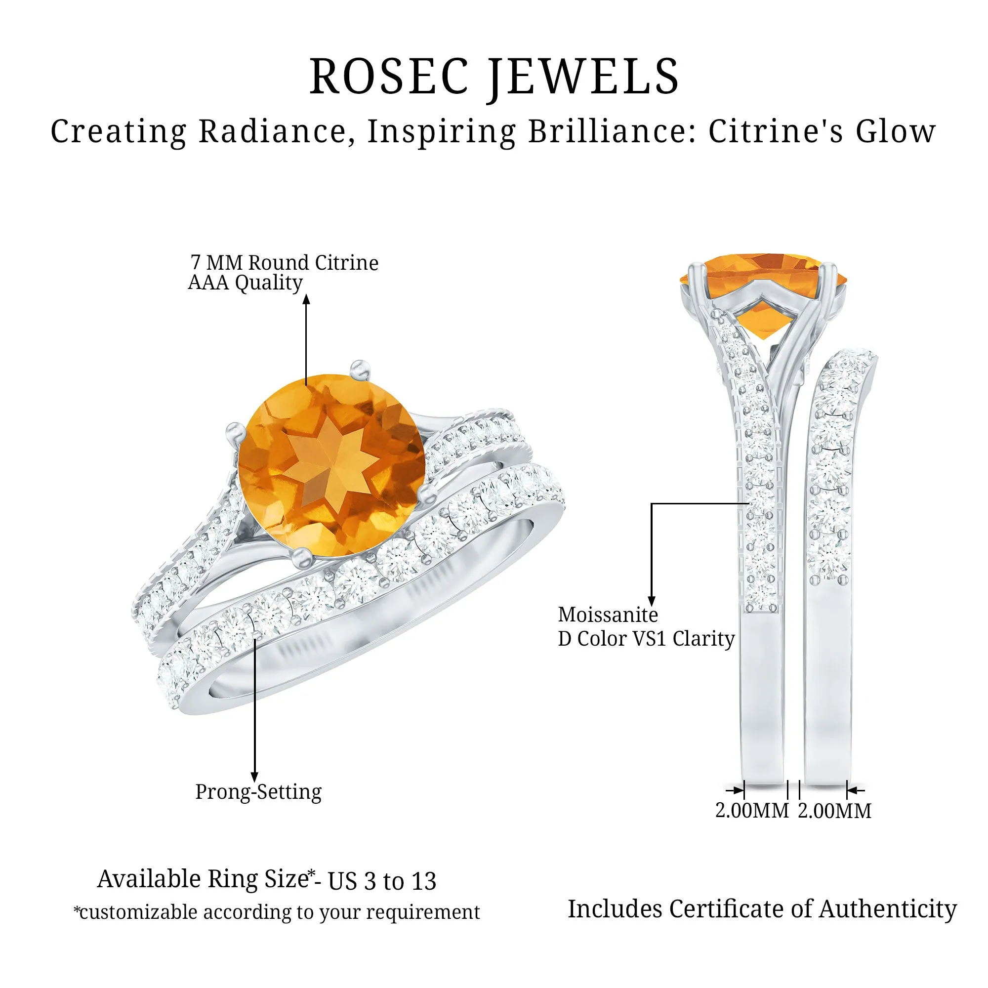 3.50 CT Wedding and Engagement Ring Set with Citrine and Moissanite
