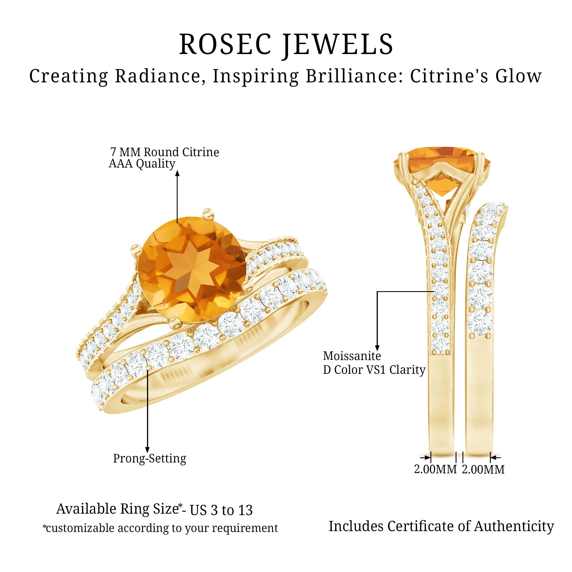 3.50 CT Wedding and Engagement Ring Set with Citrine and Moissanite