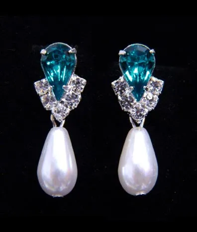 #5538BZS - Rhinestone Pear V Pearl Drop Earrings - Blue Zircon Silver