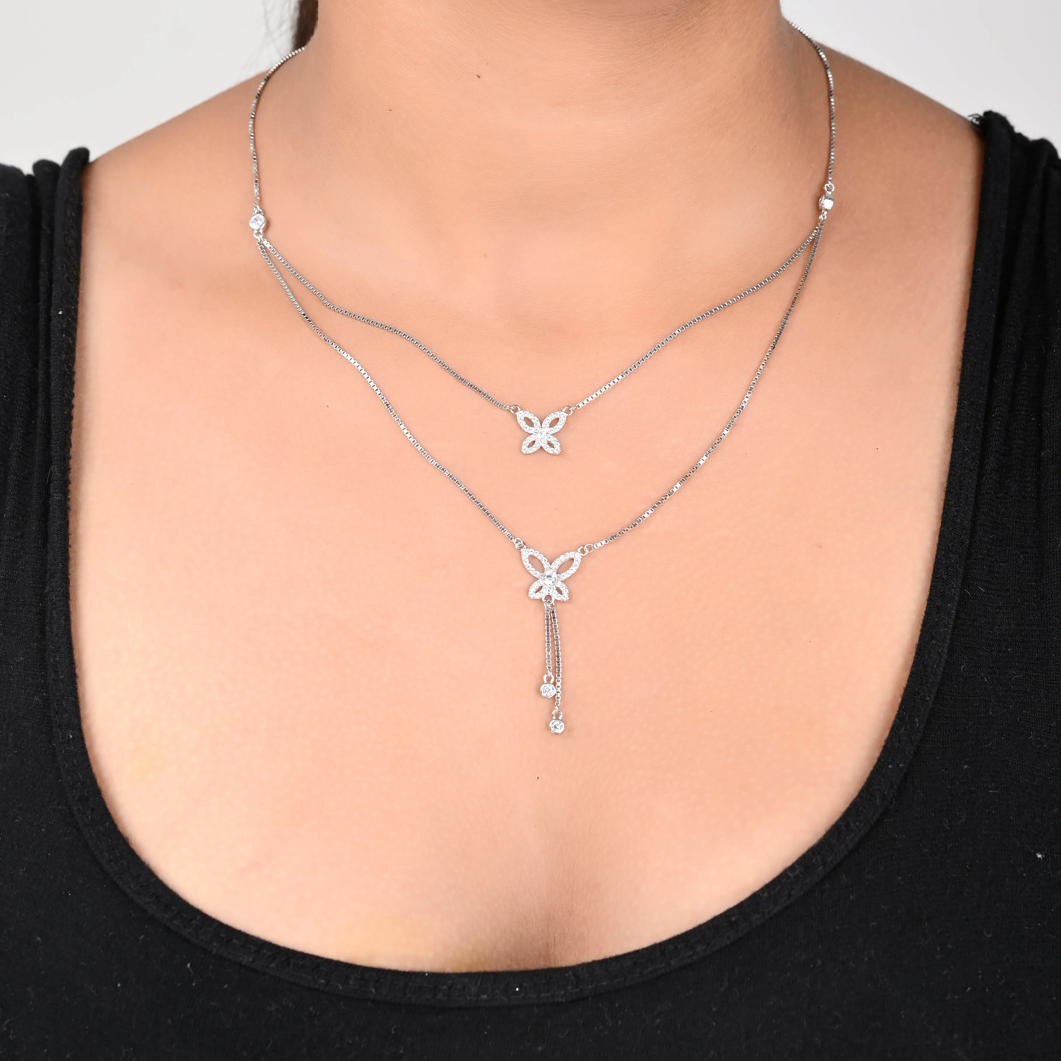 925 silver white gold Double chain butterfly silver neckalce