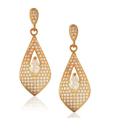 925 Sterling Silver Yellow Gold-Tone Marquise Round White CZ Womens Dangle Earrings