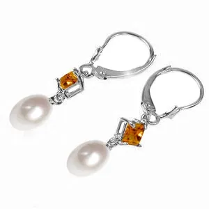 9.5 Carat 14K Whte Gold Eternal Value Pearl Citrine Earrings