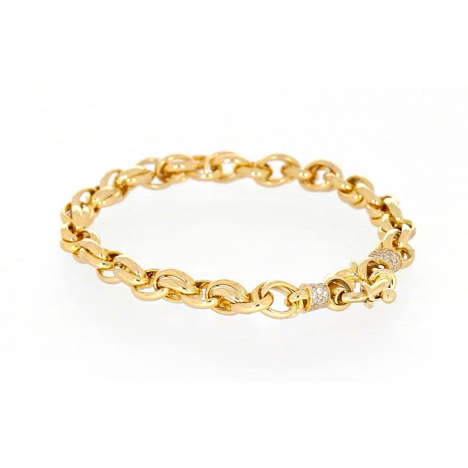9ct Yellow Gold Silver Filled 19cm Belcher Bracelet with Cubic Zirconia & Bolt Ring