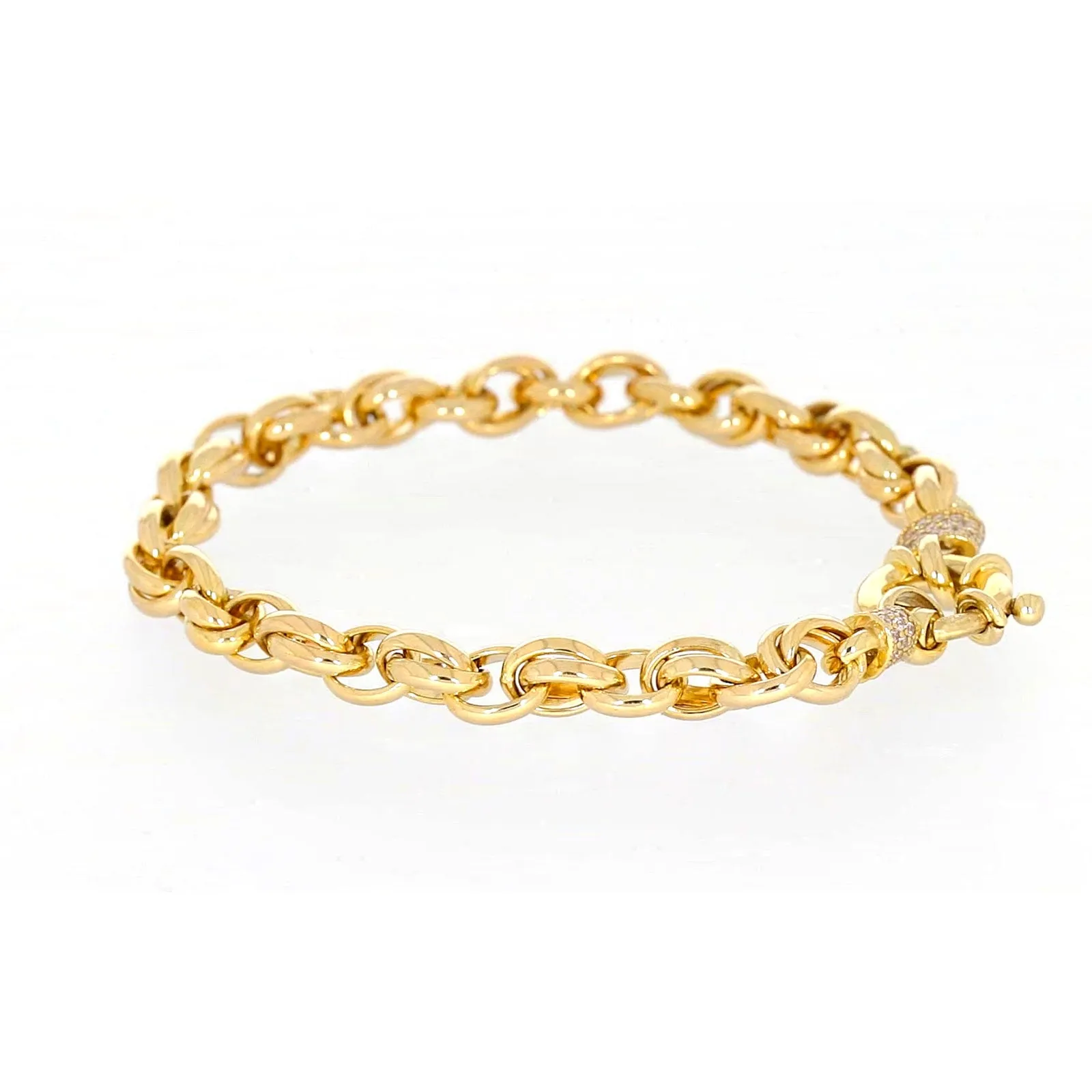 9ct Yellow Gold Silver Filled 19cm Belcher Bracelet with Cubic Zirconia & Bolt Ring