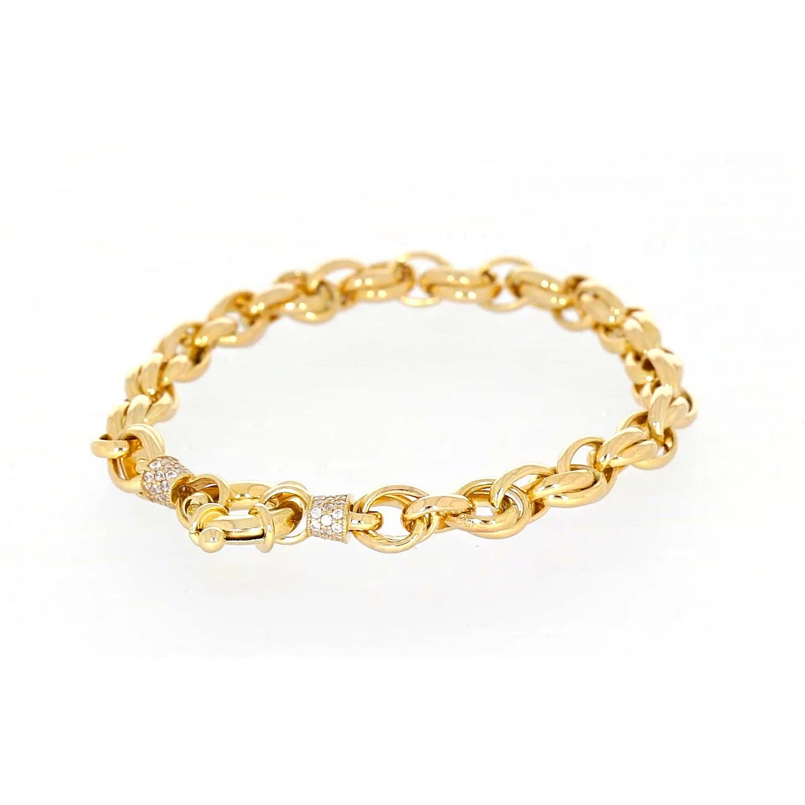 9ct Yellow Gold Silver Filled 19cm Belcher Bracelet with Cubic Zirconia & Bolt Ring