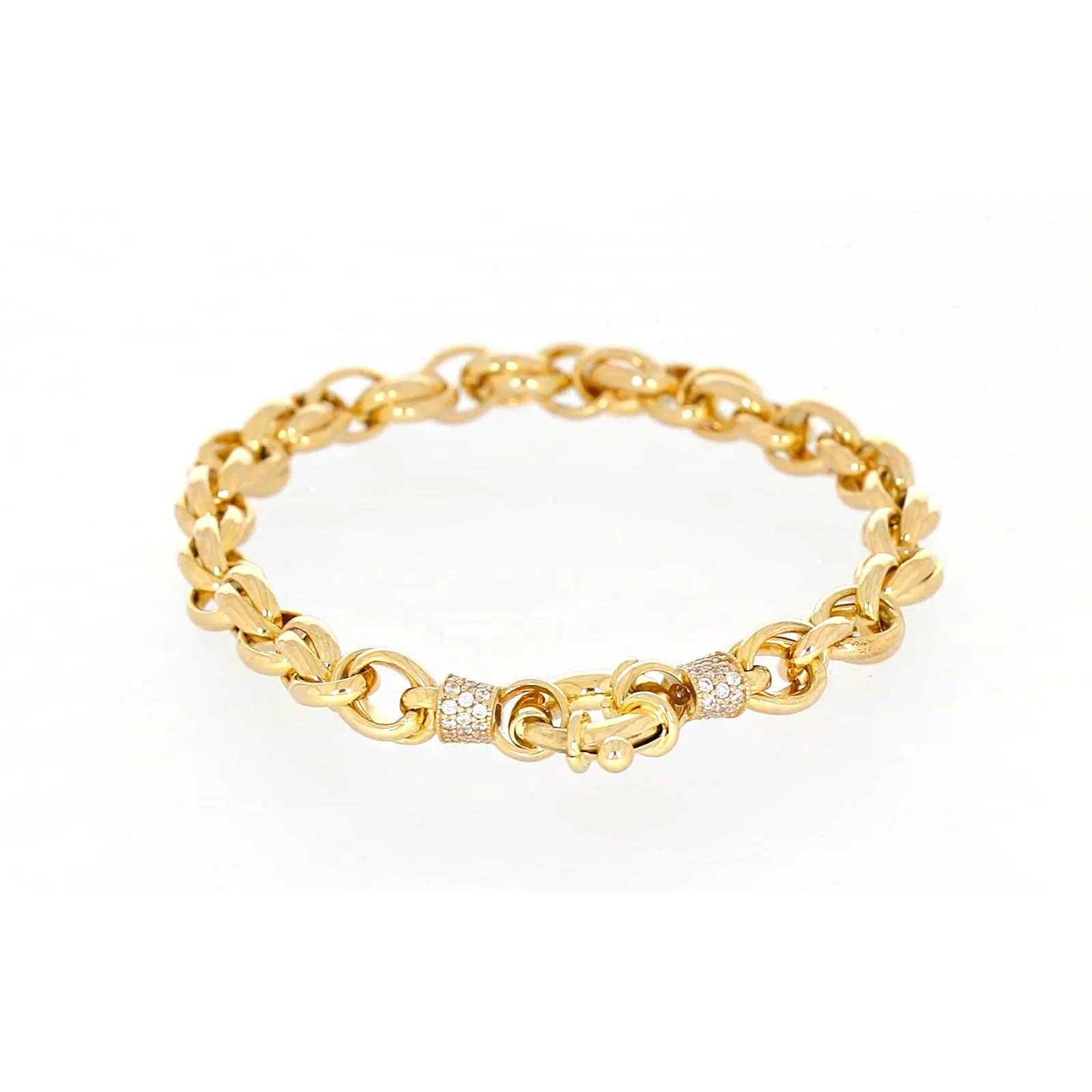 9ct Yellow Gold Silver Filled 19cm Belcher Bracelet with Cubic Zirconia & Bolt Ring