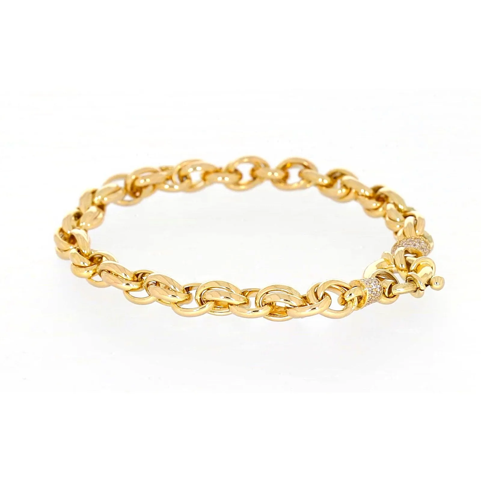 9ct Yellow Gold Silver Filled 19cm Belcher Bracelet with Cubic Zirconia & Bolt Ring