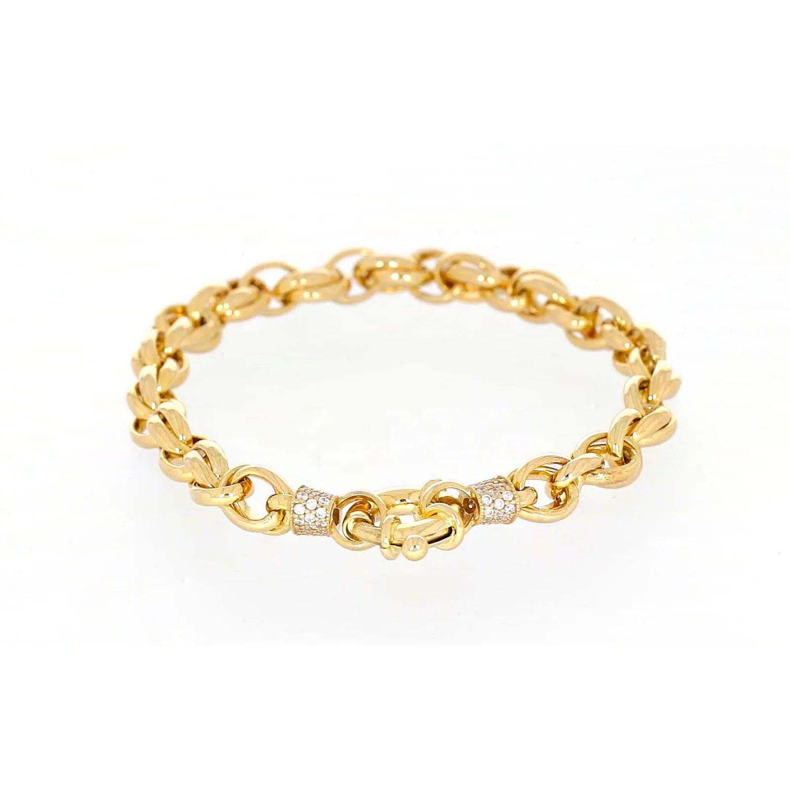 9ct Yellow Gold Silver Filled 19cm Belcher Bracelet with Cubic Zirconia & Bolt Ring
