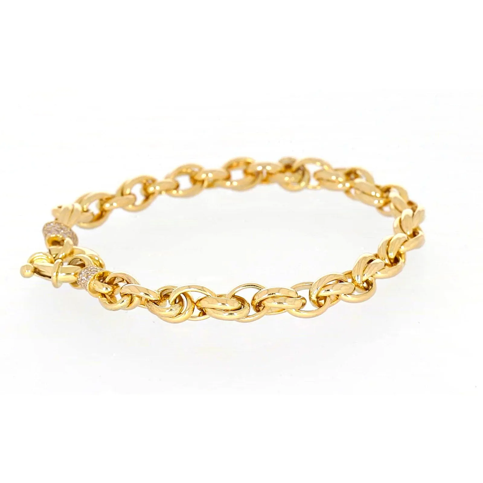 9ct Yellow Gold Silver Filled 19cm Belcher Bracelet with Cubic Zirconia & Bolt Ring