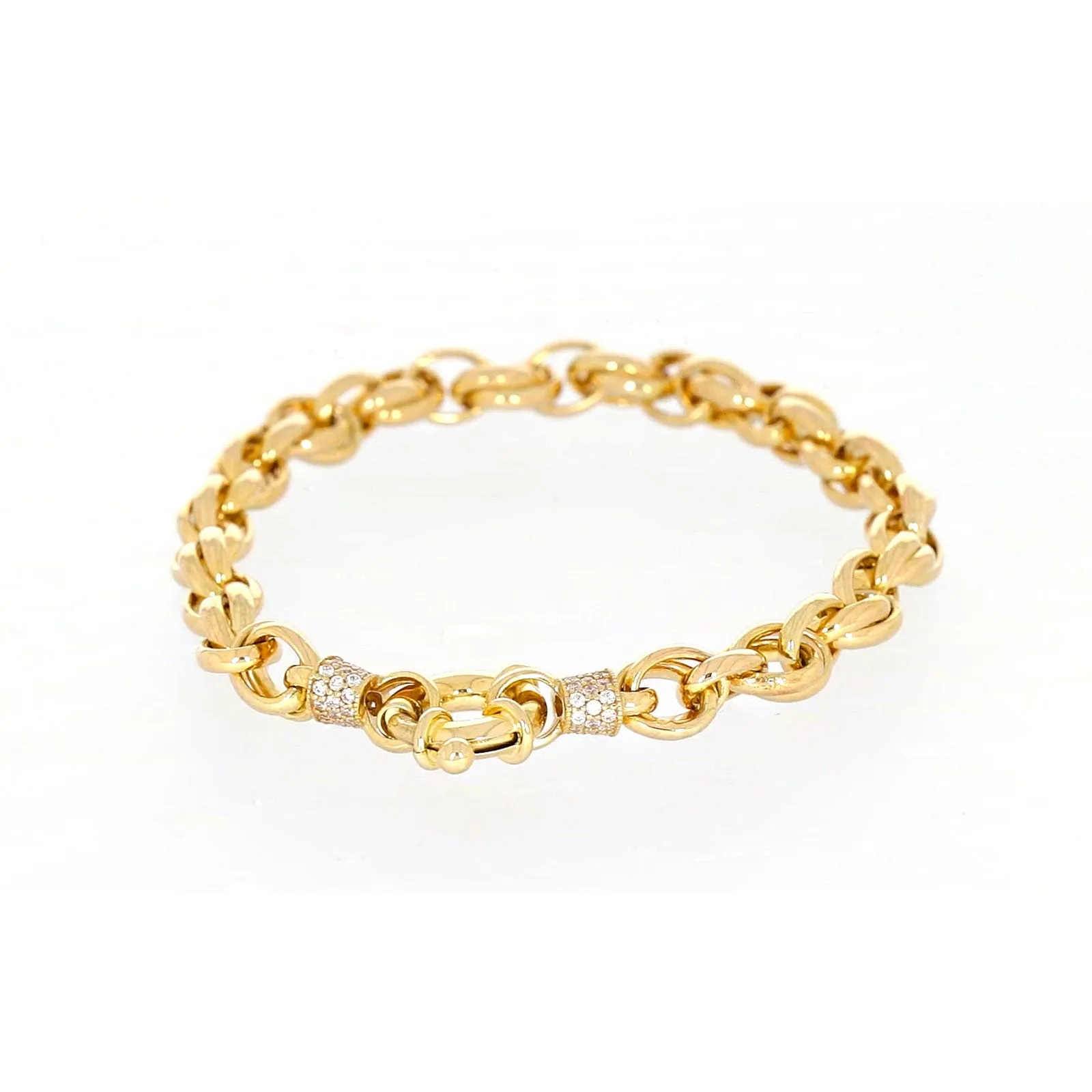 9ct Yellow Gold Silver Filled 19cm Belcher Bracelet with Cubic Zirconia & Bolt Ring
