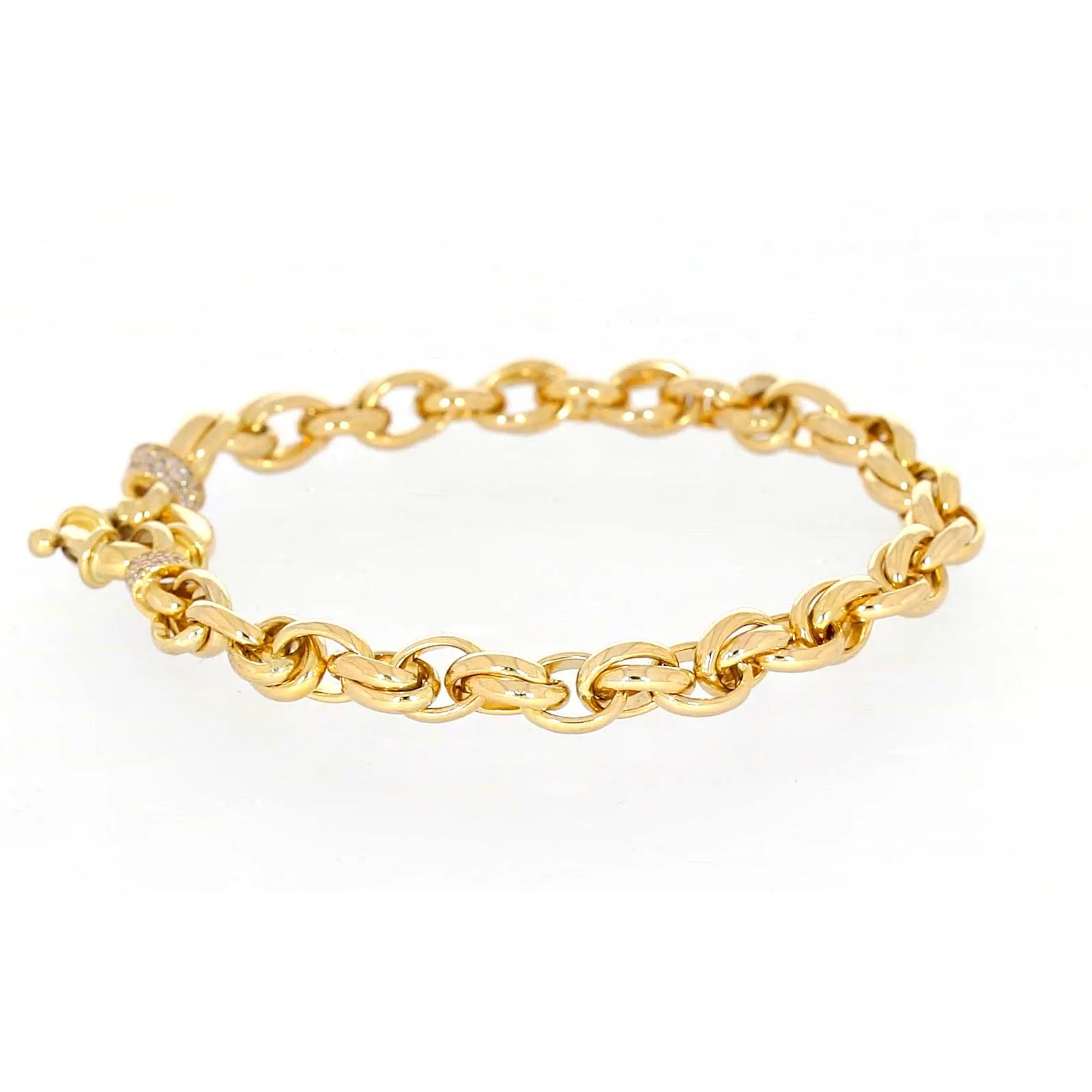 9ct Yellow Gold Silver Filled 19cm Belcher Bracelet with Cubic Zirconia & Bolt Ring