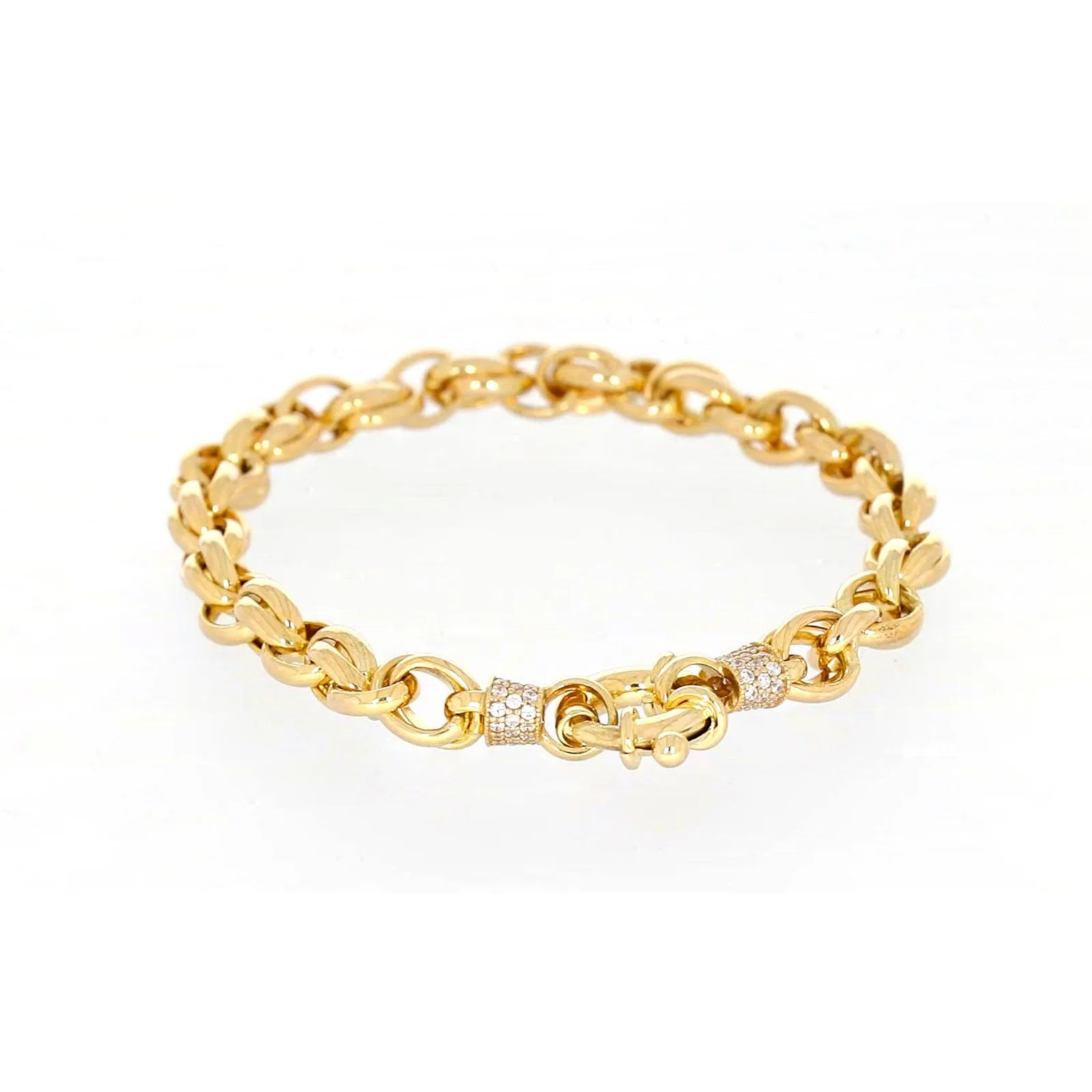 9ct Yellow Gold Silver Filled 19cm Belcher Bracelet with Cubic Zirconia & Bolt Ring