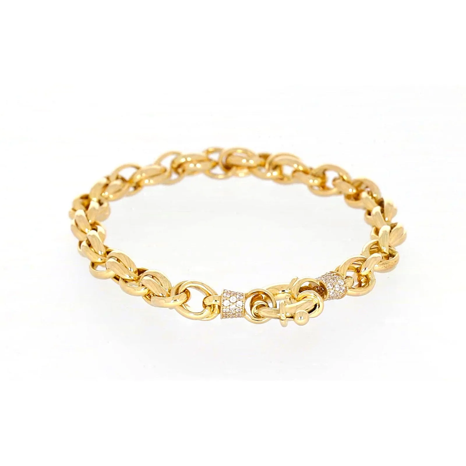 9ct Yellow Gold Silver Filled 19cm Belcher Bracelet with Cubic Zirconia & Bolt Ring