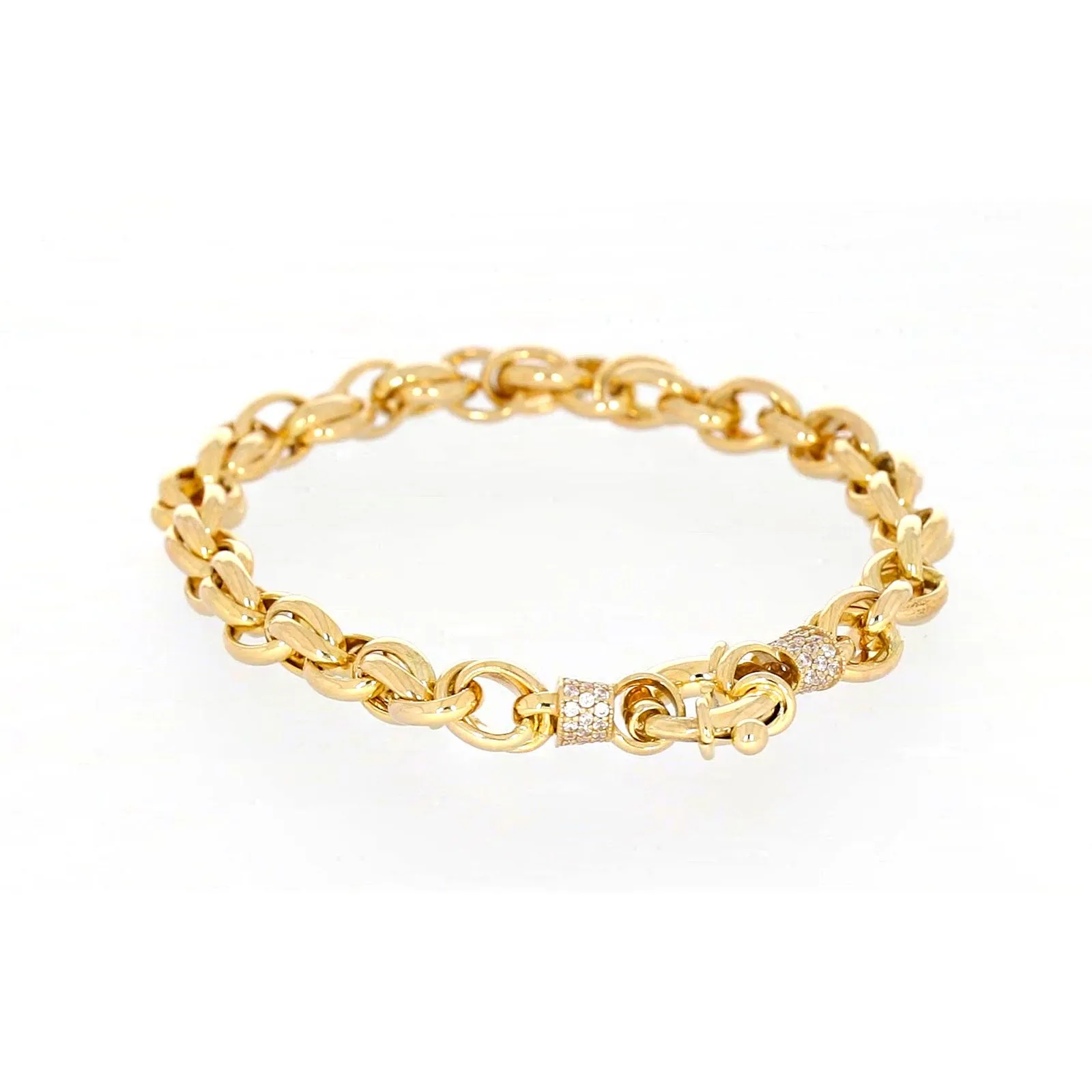 9ct Yellow Gold Silver Filled 19cm Belcher Bracelet with Cubic Zirconia & Bolt Ring