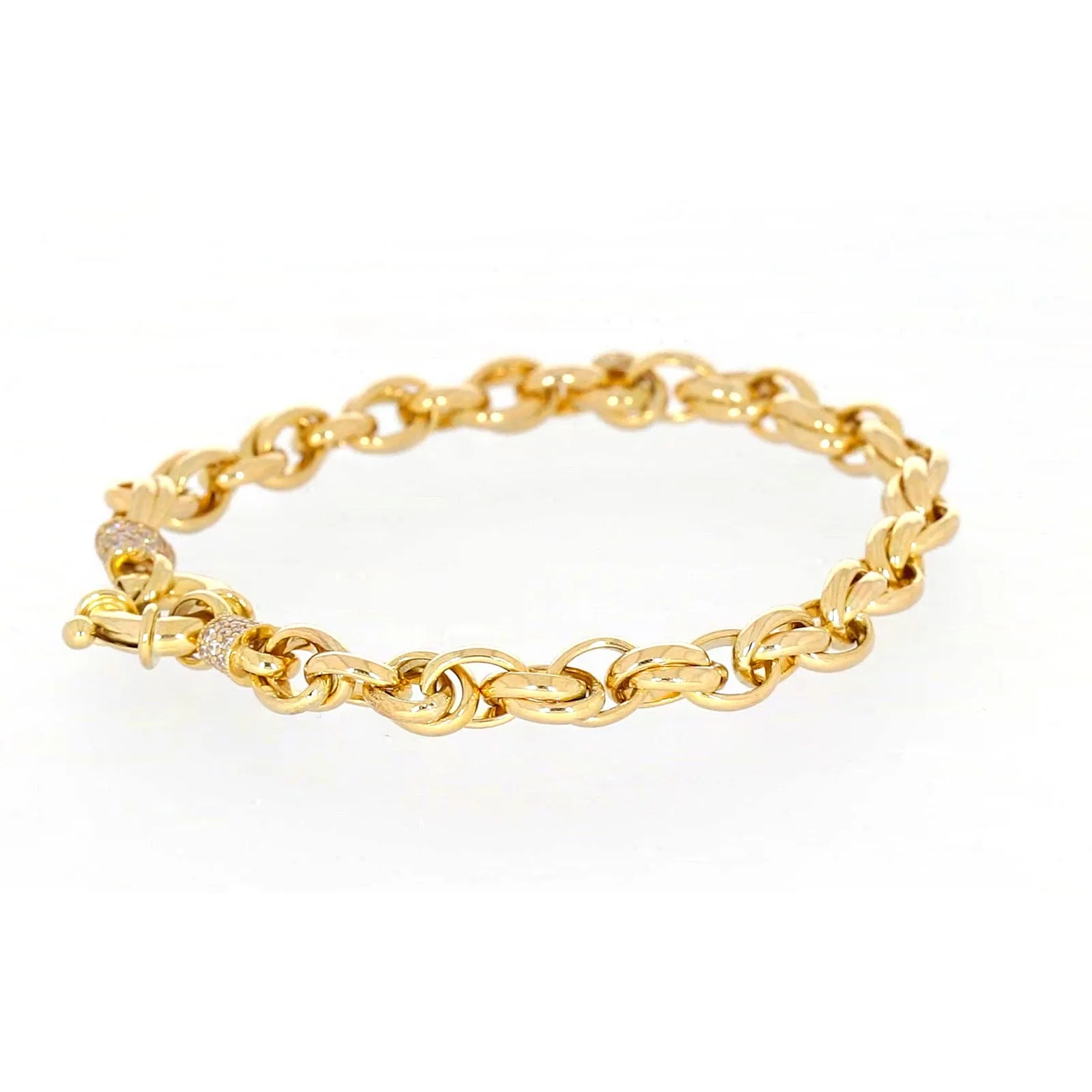 9ct Yellow Gold Silver Filled 19cm Belcher Bracelet with Cubic Zirconia & Bolt Ring