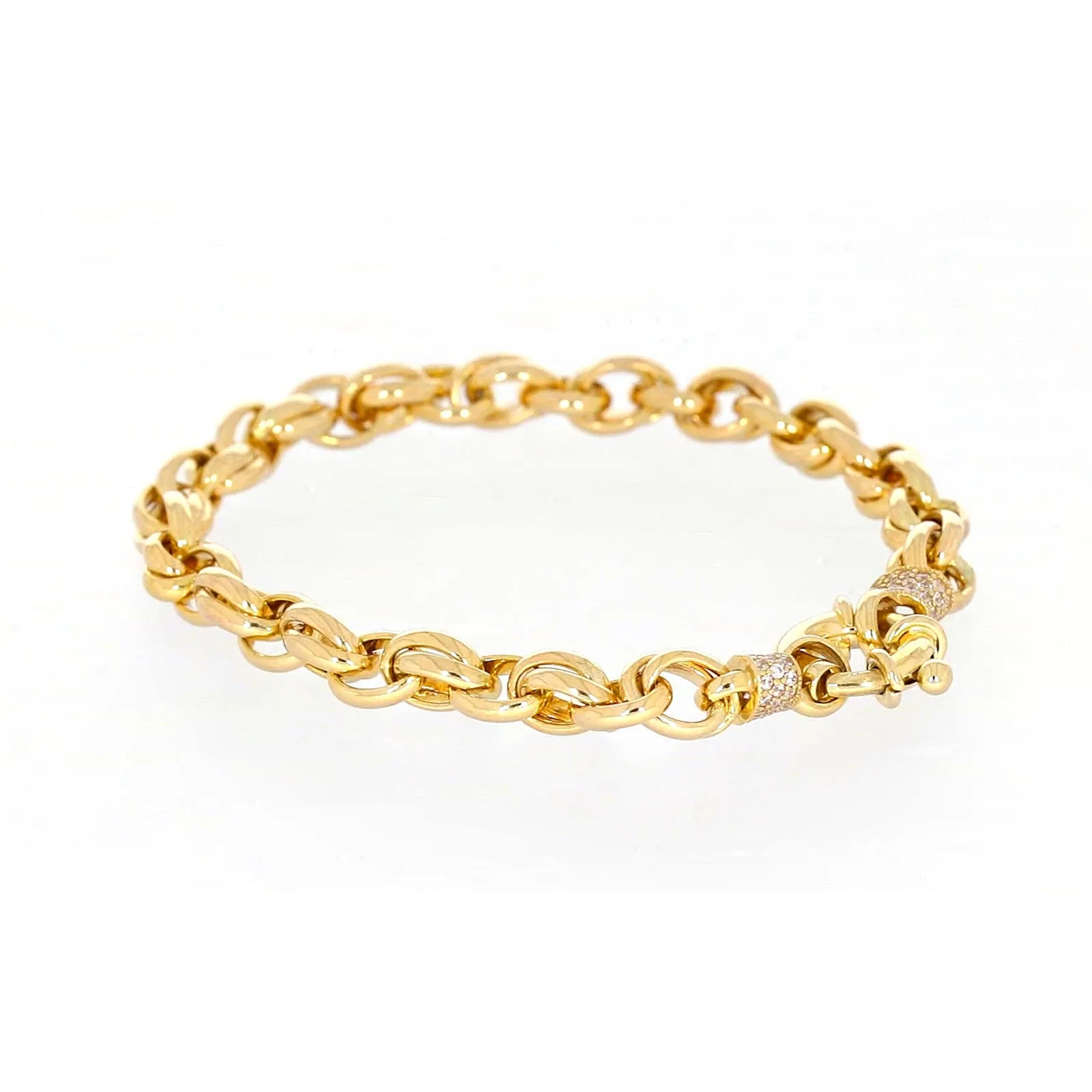 9ct Yellow Gold Silver Filled 19cm Belcher Bracelet with Cubic Zirconia & Bolt Ring