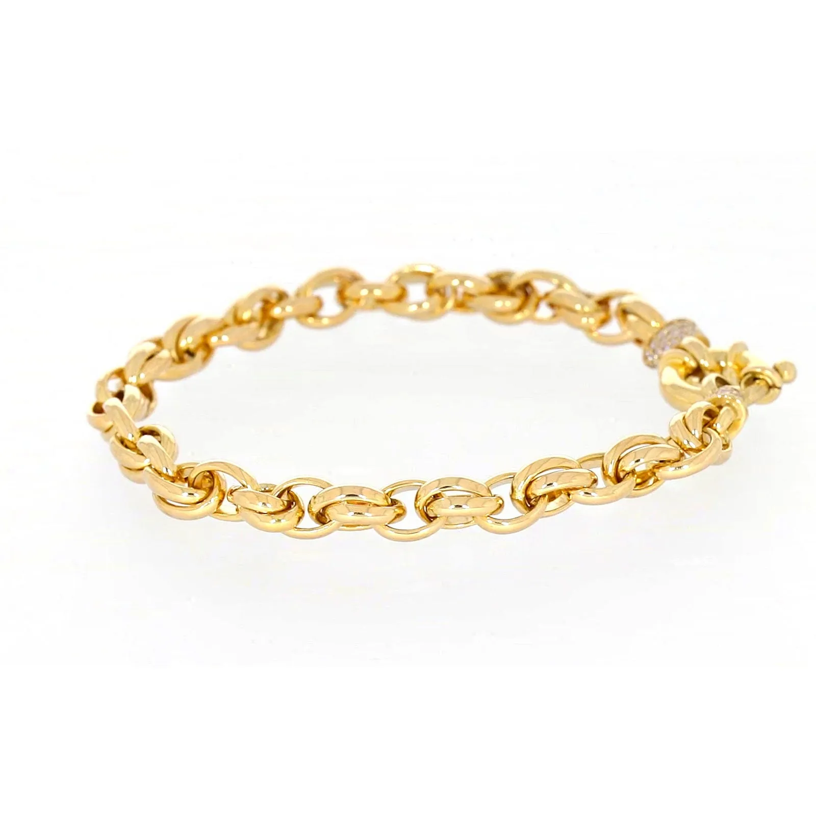 9ct Yellow Gold Silver Filled 19cm Belcher Bracelet with Cubic Zirconia & Bolt Ring