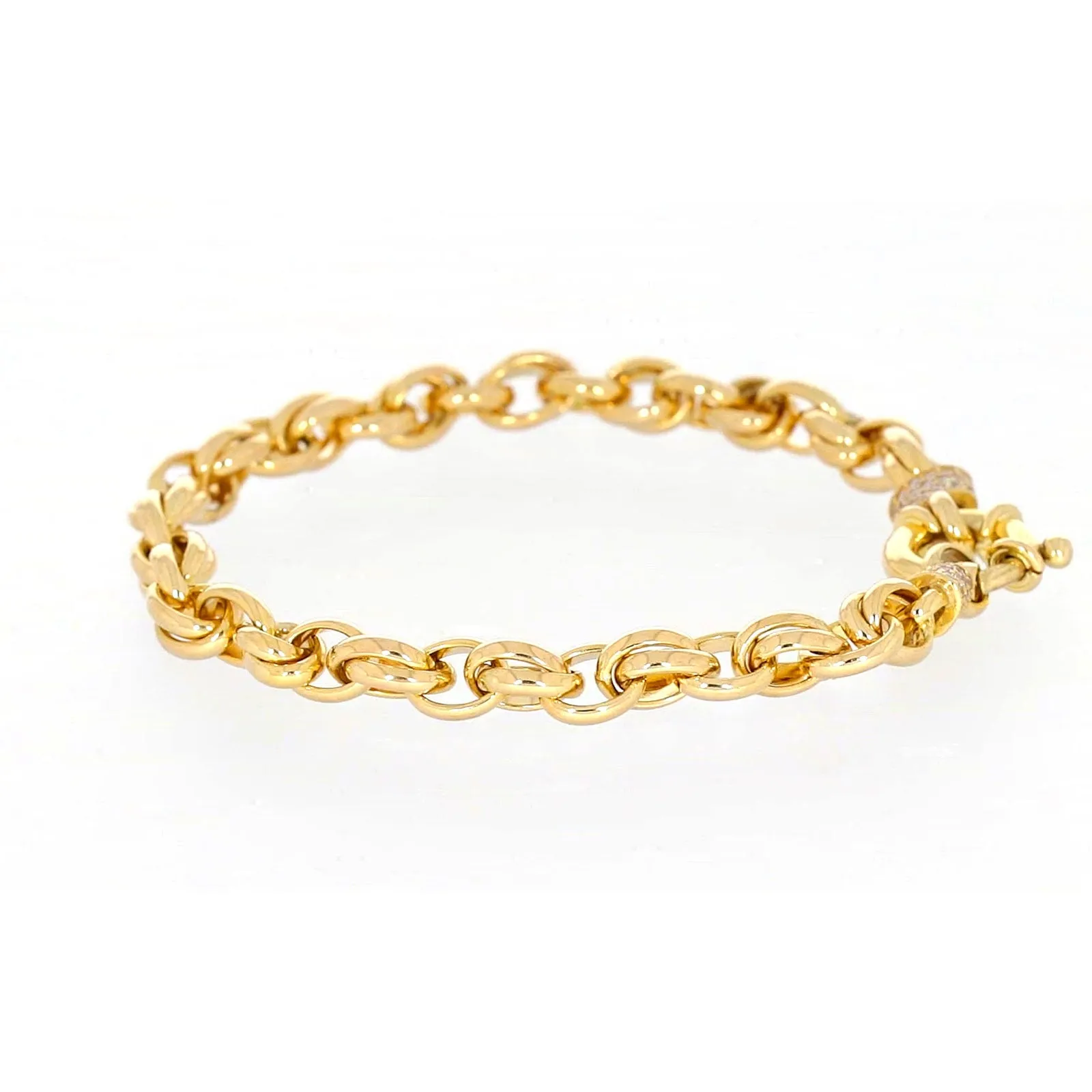 9ct Yellow Gold Silver Filled 19cm Belcher Bracelet with Cubic Zirconia & Bolt Ring